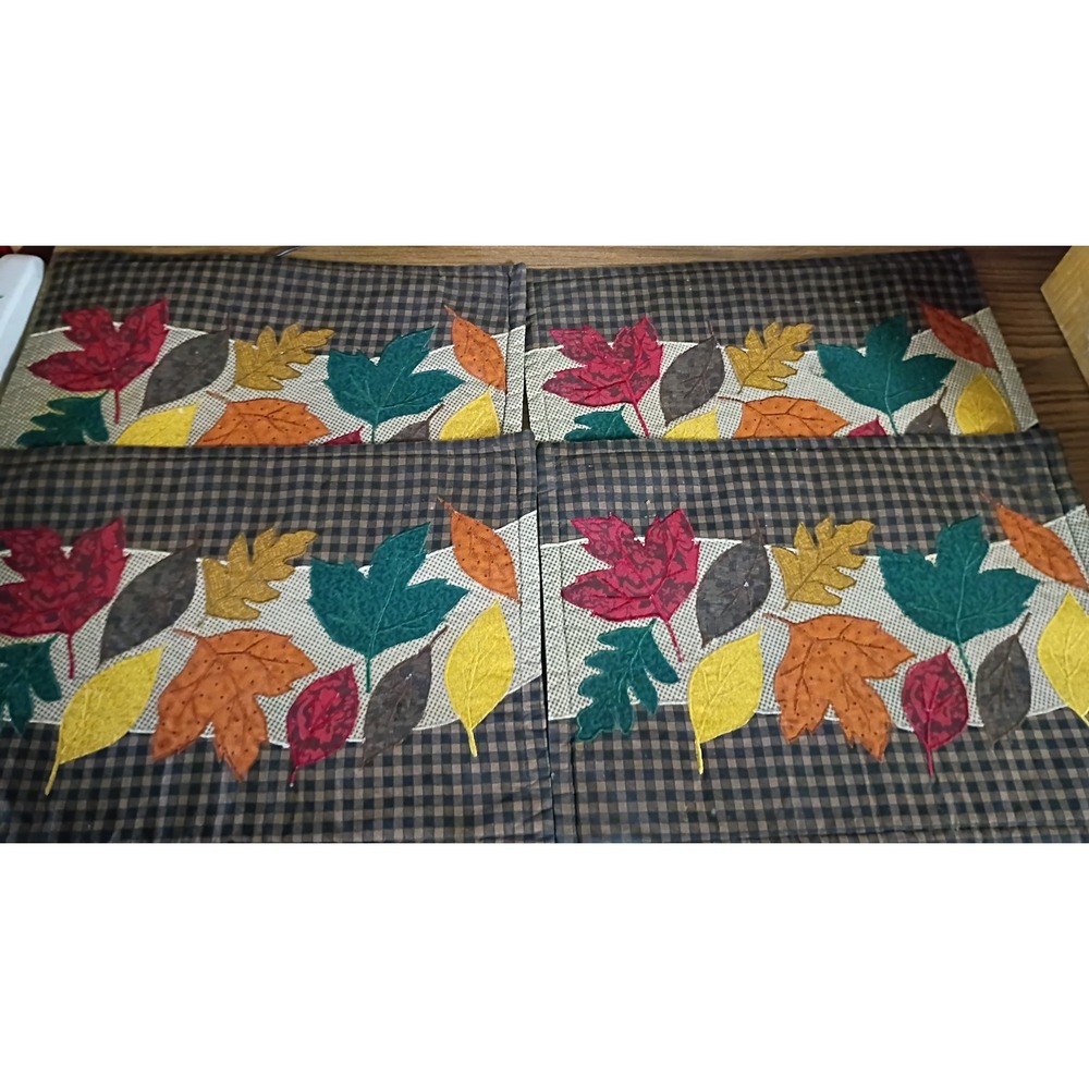 Set of 4 Fall Harvest Quilted Placemats Gingham Check Applique Leaves Brown